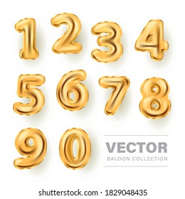 Metallic Golden Letter Balloons, 123 gold numeral alphabets. 0 to 9. Foil and latex balloons. Party, birthday, celebrate anniversary and wedding. Realistic design elements. numeral character
