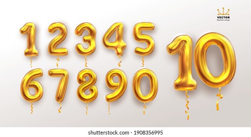 Metallic golden number balloons 0 to 9. Set of foil and latex balloons. Helium balloons. Party, birthday, celebrate anniversary and wedding. Realistic elements. Vector illustration Isolated on white.