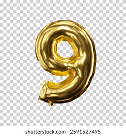 metallic golden realistic balloon number nine. 3d render vector illustration.