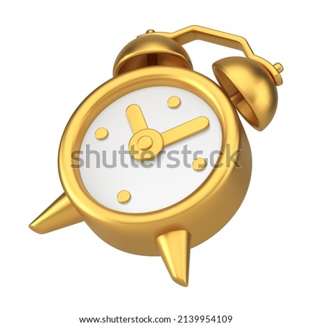 Metallic golden retro alarm clock diagonally placed 3d icon realistic vector illustration. Vintage analog timer with ring for time checking, deadline control, morning reminder, countdown alert