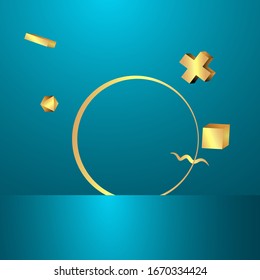 Marco metálico redondo dorado con formas geométricas flotantes, fondo mínimo realista, 3d lujoso escenario en azul profundo del océano para la presentación o maquillaje del producto. Ilustración vectorial