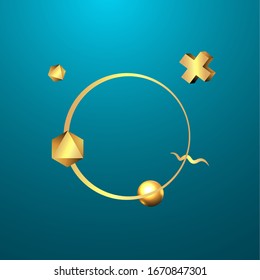 Metallic golden round frame with floating geometrical forms, realistic minimal background, 3d luxury scene on deep ocean blue for product presentation or mockup. Vector Illustration