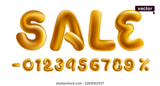 Metallic golden Sale lettering with numbers set and percentage sign. Realistic 3D design in cartoon fun style on white background. Vector illustration for Black Friday, Christmas and New Year Sale.