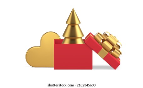Metallic golden spruce in open red festive gift box and heart romantic Christmas holiday celebration realistic 3d icon vector illustration. Premium Xmas composition amazing surprise present package