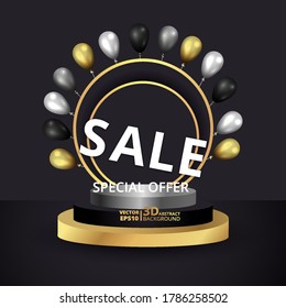 Metallic golden stage with air balloons, round platform and realistic frame minimal background, 3d scene for product presentation or mockup. Sale promo stage and podium, for winner, advertising.