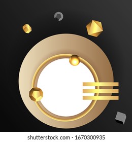 Metallic golden stage with floating geometrical forms, square with paper platform, realistic minimal background, 3d scene on black color for product presentation or mockup. Vector Illustration