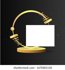 Metallic golden stage with floating geometrical forms, round platform, realistic minimal background, 3d luxury scene on black for product presentation or mockup. Vector Illustration