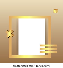 Metallic golden stage with floating geometrical forms, square with paper platform, realistic minimal background, 3d scene on light purple color for product presentation or mockup. Vector Illustration