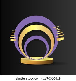 Metallic golden stage with floating geometrical forms, round platform, realistic minimal background, 3d luxury scene on black for product presentation or mockup. Vector Illustration