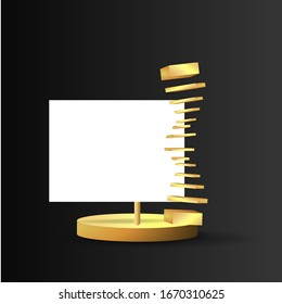Metallic golden stage with floating geometrical forms, square with paper platform, realistic minimal background, 3d scene on black color for product presentation or mockup. Vector Illustration