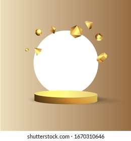 Metallic golden stage with floating geometrical forms, round platform, realistic minimal background, 3d luxury scene on beige mocha wall for product presentation or mockup. Vector Illustration