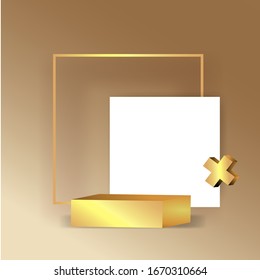 Metallic golden stage with floating geometrical forms, square with paper platform, realistic minimal background, 3d scene on light purple color for product presentation or mockup. Vector Illustration