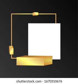 Metallic golden stage with floating geometrical forms, square with paper platform, realistic minimal background, 3d scene on black color for product presentation or mockup. Vector Illustration
