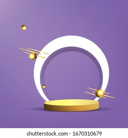 Metallic golden stage with floating geometrical forms, round platform, realistic minimal background, 3d scene on light purple color for product presentation or mockup. Vector Illustration