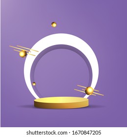 Metallic golden stage with floating geometrical forms, round platform, realistic minimal background, 3d luxury scene on pink and baby blue for product presentation or mockup. Vector Illustration