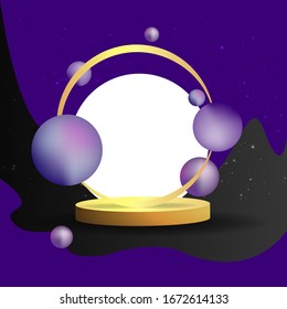 Metallic golden stage with floating geometrical forms, round platform, realistic minimal background, 3d luxury round purple frame scene for product presentation or mockup. Vector Illustration