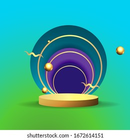 Metallic golden stage with floating geometrical forms, round platform, realistic minimal background, 3d luxury round purple frame scene for product presentation or mockup. Vector Illustration