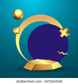 Metallic golden stage with floating geometrical forms, round platform, realistic minimal background, 3d luxury round purple frame scene for product presentation or mockup. Vector Illustration