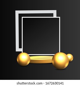 Metallic golden stage with floating geometrical forms, square with paper platform, realistic minimal background, 3d scene on black color for product presentation or mockup. Vector Illustration