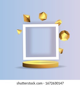 Metallic golden stage with floating geometrical forms, square with paper platform, realistic minimal background, 3d scene on black color for product presentation or mockup. Vector Illustration