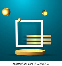 Metallic golden stage with floating geometrical forms, square with paper platform, realistic minimal background, 3d scene on black color for product presentation or mockup. Vector Illustration