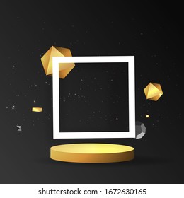 Metallic golden stage with floating geometrical forms, square with paper platform, realistic minimal background, 3d scene on black color for product presentation or mockup. Vector Illustration