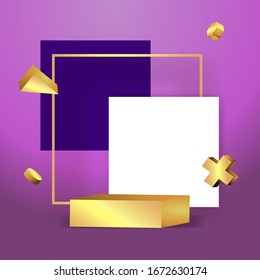 Metallic golden stage with floating geometrical forms, square with paper platform, realistic minimal background, 3d scene on black color for product presentation or mockup. Vector Illustration