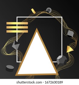 Metallic golden stage with floating geometrical forms, square with paper platform, realistic minimal background, 3d scene on black color for product presentation or mockup. Vector Illustration