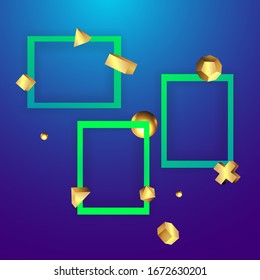 Metallic golden stage with floating geometrical forms, square with paper platform, realistic minimal background, 3d scene on black color for product presentation or mockup. Vector Illustration