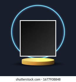 Metallic golden stage with floating geometrical forms and glow neon light, round platform, realistic minimal background, 3d luxury frame scene for product presentation or mockup. Vector Illustration