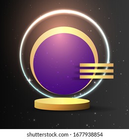 Metallic golden stage with floating geometrical forms and glow neon light, round platform, realistic minimal background, 3d luxury frame scene for product presentation or mockup. Vector Illustration