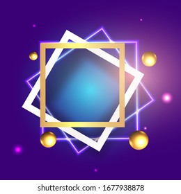 Metallic golden stage with floating geometrical forms and glow neon light, round platform, realistic minimal background, 3d luxury frame scene for product presentation or mockup. Vector Illustration