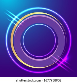 Metallic golden stage with floating geometrical forms and glow neon light, round platform, realistic minimal background, 3d luxury frame scene for product presentation or mockup. Vector Illustration