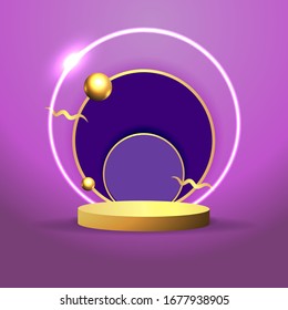 Metallic golden stage with floating geometrical forms and glow neon light, round platform, realistic minimal background, 3d luxury frame scene for product presentation or mockup. Vector Illustration