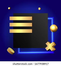 Metallic golden stage with floating geometrical forms and glow neon light, round platform, realistic minimal background, 3d luxury frame scene for product presentation or mockup. Vector Illustration