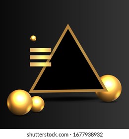 Metallic golden stage with floating geometrical forms and glow neon light, round platform, realistic minimal background, 3d luxury frame scene for product presentation or mockup. Vector Illustration