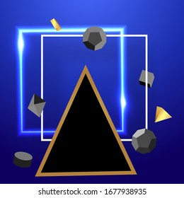 Metallic golden stage with floating geometrical forms and glow neon light, round platform, realistic minimal background, 3d luxury frame scene for product presentation or mockup. Vector Illustration