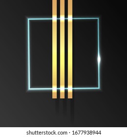 Metallic golden stage with floating geometrical forms and glow neon light, round platform, realistic minimal background, 3d luxury frame scene for product presentation or mockup. Vector Illustration