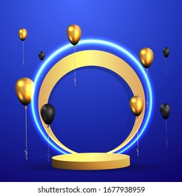 Metallic golden stage with floating geometrical forms and glow neon light, round platform, realistic minimal background, 3d luxury frame scene for product presentation or mockup. Vector Illustration