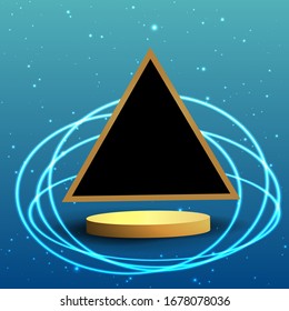Metallic golden stage with floating geometrical forms and glow neon light, round platform, realistic minimal background, 3d luxury frame scene for product presentation or mockup. Vector Illustration