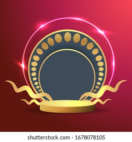 Metallic golden stage with floating geometrical forms and glow neon light, round platform, realistic minimal background, 3d luxury frame scene for product presentation or mockup. Vector Illustration