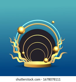 Metallic golden stage with floating geometrical forms and glow neon light, round platform, realistic minimal background, 3d luxury frame scene for product presentation or mockup. Vector Illustration