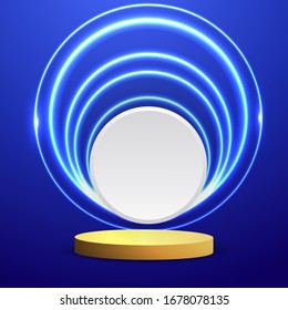 Metallic golden stage with floating geometrical forms and glow neon light, round platform, realistic minimal background, 3d luxury frame scene for product presentation or mockup. Vector Illustration