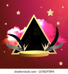 Metallic golden stage with floating geometrical forms and glow neon light, round platform, realistic minimal background, 3d luxury frame scene for product presentation or mockup. Vector Illustration