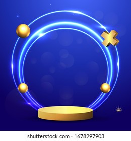 Metallic golden stage with floating geometrical forms and glow neon light, round platform, realistic minimal background, 3d luxury frame scene for product presentation or mockup. Vector Illustration