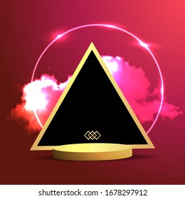 Metallic golden stage with floating geometrical forms and glow neon light, round platform, realistic minimal background, 3d luxury frame scene for product presentation or mockup. Vector Illustration