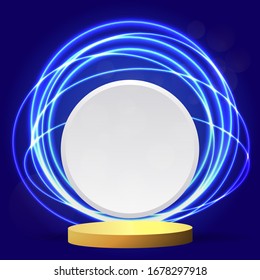Metallic golden stage with floating geometrical forms and glow neon light, round platform, realistic minimal background, 3d luxury frame scene for product presentation or mockup. Vector Illustration