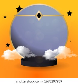 Metallic golden stage with floating geometrical forms and glow neon light, round platform, realistic minimal background, 3d luxury frame scene for product presentation or mockup. Vector Illustration