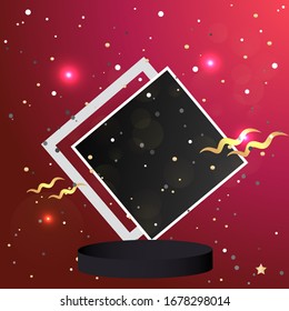 Metallic golden stage with floating geometrical forms and glow neon light, round platform, realistic minimal background, 3d luxury frame scene for product presentation or mockup. Vector Illustration