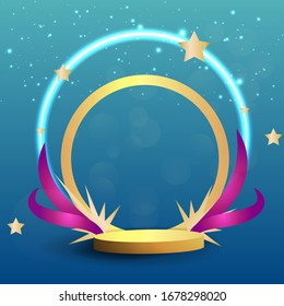 Metallic golden stage with floating geometrical forms and glow neon light, round platform, realistic minimal background, 3d luxury frame scene for product presentation or mockup. Vector Illustration